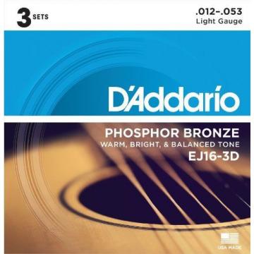 3 Sets D&#039;Addario EJ16-3D Phosphor Bronze  Light Acoustic Guitar Strings 12 - 53