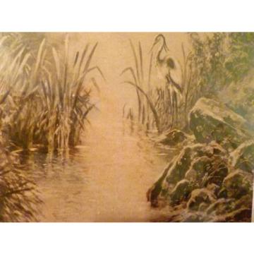 Antique EVENTIDE Mill Pond EGRET Sepia Tone FRAMED PRINT England F.W. HAYES