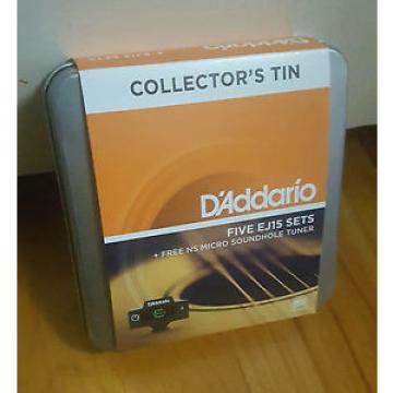 D&#039;Addario EJ15. 5 sets in Collectors Tin + Micro Sound Hole Tuner! Gauge: 10-47