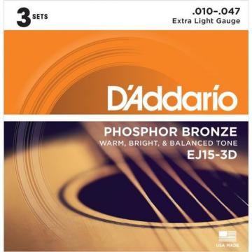 DAddario EJ15-3D Phosphor Bronze Acoustic Guitar Strings Extra Light 3 ... NEW!