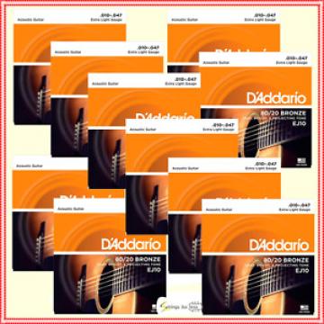 10 x D&#039;addario EJ10 80/20  Bronze Extra Light  Acoustic Guitar Strings 10 - 47
