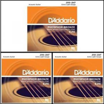 3 X D&#039;Addario EJ15 Phosphor Bronze Extra Light Acoustic Guitar Strings 10 - 47