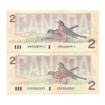2 x 1986 CANADA TWO DOLLAR BANK NOTES