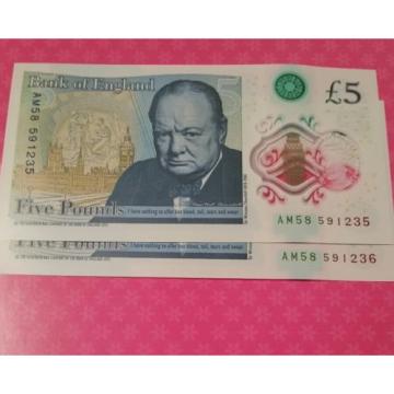 Two 2 x Polymer RARE NEW £5 Pound Notes - AM58  Series Consecutive Serial No UNC