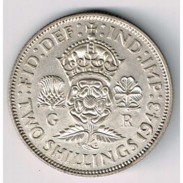 GREAT BRITIAN 1943 FLORIN TWO SHILLINGS GEORGE VI FOREIGN SILVER COIN NICE GRADE