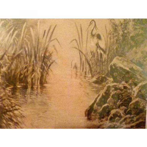 Antique EVENTIDE Mill Pond EGRET Sepia Tone FRAMED PRINT England F.W. HAYES #4 image