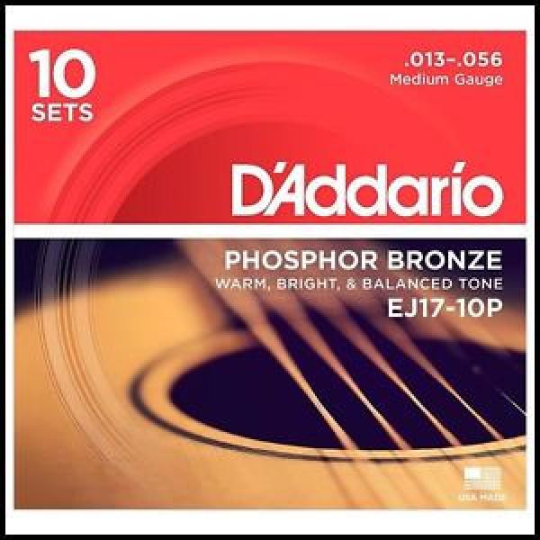 10  Pack D&#039;Addario EJ17 Phosphor Bronze  Medium Acoustic Guitar Strings 13 - 56 #1 image