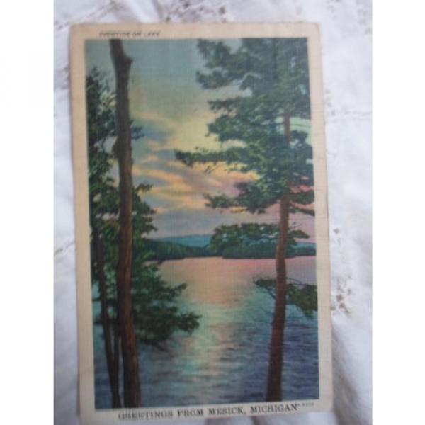 Mesick Mi Mich Michigan- Greetings, eventide  on lake, early postcard  1935 #1 image