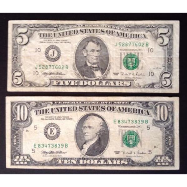 TWO OLD AVERAGE CIRCULATED 1995 $5 &amp; $10 FEDERAL RESERVE NOTES RICHMOND &amp; KANSAS #1 image