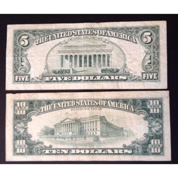 TWO OLD AVERAGE CIRCULATED 1995 $5 &amp; $10 FEDERAL RESERVE NOTES RICHMOND &amp; KANSAS #2 image