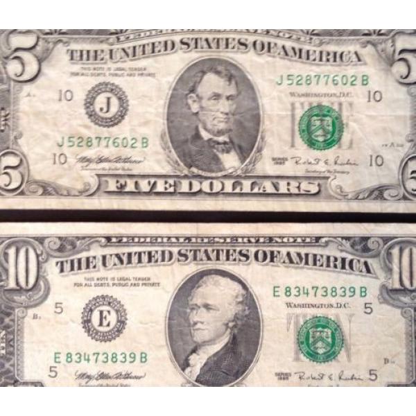 TWO OLD AVERAGE CIRCULATED 1995 $5 &amp; $10 FEDERAL RESERVE NOTES RICHMOND &amp; KANSAS #3 image