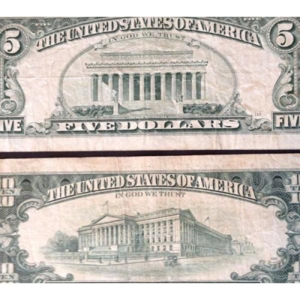 TWO OLD AVERAGE CIRCULATED 1995 $5 &amp; $10 FEDERAL RESERVE NOTES RICHMOND &amp; KANSAS #4 image