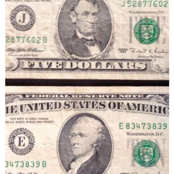 TWO OLD AVERAGE CIRCULATED 1995 $5 &amp; $10 FEDERAL RESERVE NOTES RICHMOND &amp; KANSAS #5 image