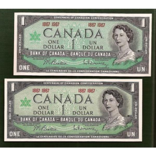 TWO 1867 1967 CANADA Canadian CENTENNIAL one 1 DOLLAR BILLS NOTES crisp UNC #1 image