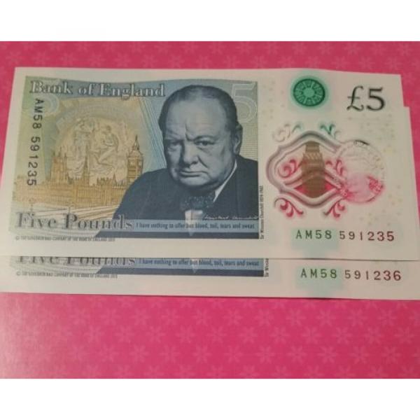 Two 2 x Polymer RARE NEW £5 Pound Notes - AM58  Series Consecutive Serial No UNC #1 image
