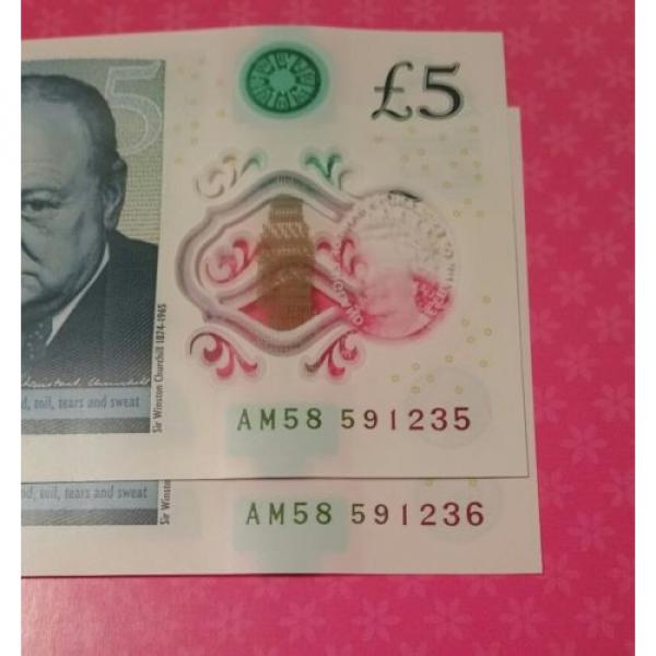 Two 2 x Polymer RARE NEW £5 Pound Notes - AM58  Series Consecutive Serial No UNC #2 image